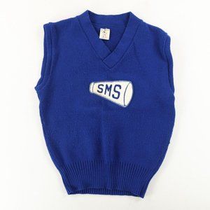 Vtg 70s School Spirit Cheerleading Wool Knit Vest Blue Womens Sz M USA SMS